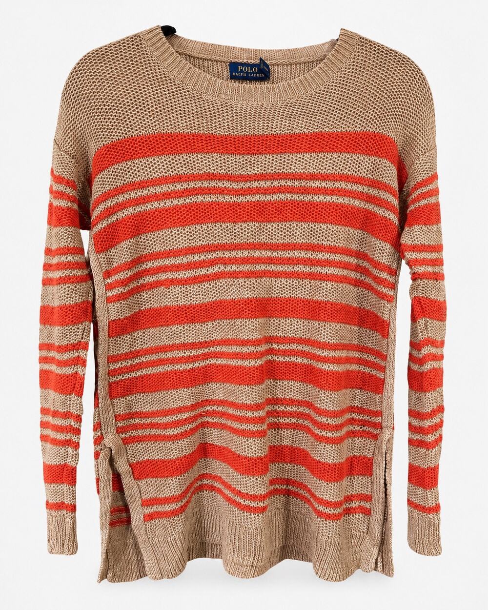 Polo Ralph Lauren Women Extra Small Tan Coral Stripe Open Knit Sweater Y2K